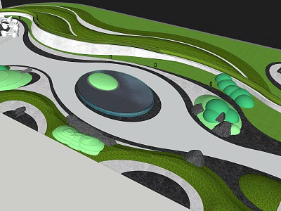 Modern Park Landscape Design With Curved Paths Circular Water Feature And Green Lawns 3d model