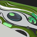 Modern Park Landscape Design With Curved Paths Circular Water Feature And Green Lawns