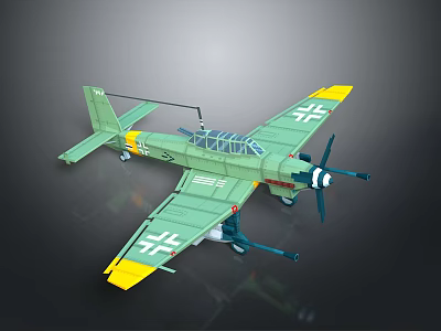 Detailed Green Model Airplane With Propeller And Yellow Wing Tips White Cross Symbols 3d model