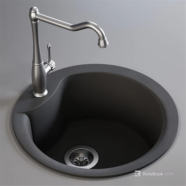 Modern Black Round Kitchen Sink With Silver Curved Faucet And Drain 3d model 