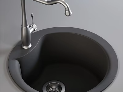 Modern Black Round Kitchen Sink With Silver Curved Faucet And Drain 3d model