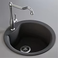 Modern Black Round Kitchen Sink With Silver Curved Faucet And Drain