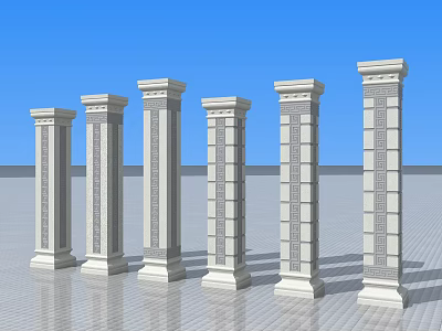 Modern Columns With Various Designs Against Blue Sky And Gray Floor 3d model