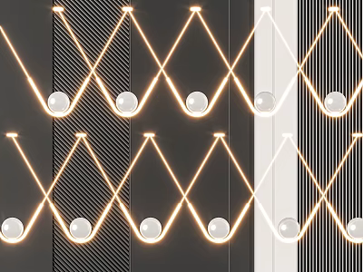 Modern Chandelier With Interlaced W Shaped Golden And White Geometric Lines And Round Bulbs 3d model