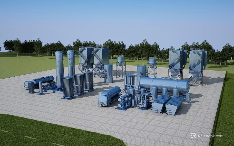 Outdoor Playground Equipment With Blue Structures Grass Area And Trees 3d model 