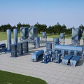 Outdoor Playground Equipment With Blue Structures Grass Area And Trees