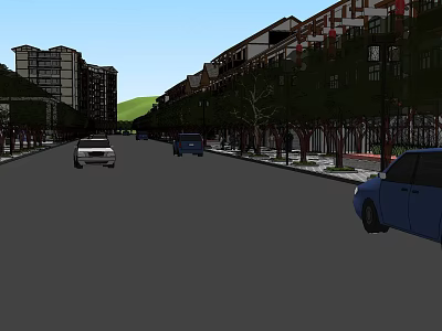 Vibrant Commercial Street With Modern Buildings Parked Cars Green Trees And Pedestrian Walkways 3d model