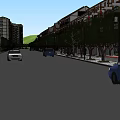 Vibrant Commercial Street With Modern Buildings Parked Cars Green Trees And Pedestrian Walkways