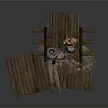 Multi tiered Wooden Shelf With Clay Pots And Baskets On Wooden Plank Base