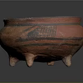 Artistic Red Three Legged Pottery Sculpture With Black Carved Decorative Patterns