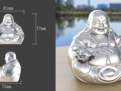 Silver Buddha Sculpture with Multiple Angles View and Dimensions 81mm 77mm 73mm 3d model