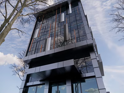 Modern High Rise Office Building with Glass Curtain Wall Surrounded by Trees Under Blue Sky 3d model