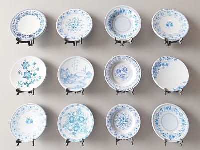 Blue And White Floral Pattern Plate Decoration On Display Stands For Home Decor 3d model