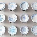Blue And White Floral Pattern Plate Decoration On Display Stands For Home Decor