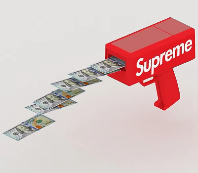 Red Supreme Toy Gun Doll With Logo Shooting Out US Dollar Bills 3d model Red Supreme Toy Gun Doll With Logo Shooting Out US Dollar Bills 3d model