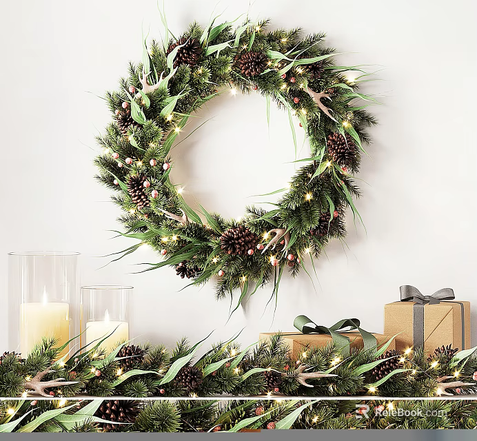 Christmas Wreath With Pinecones Green Leaves String Lights And Decorative Candles Gift Boxes 3d model 