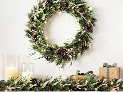 Christmas Wreath With Pinecones Green Leaves String Lights And Decorative Candles Gift Boxes 3d model