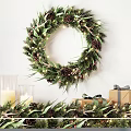 Christmas Wreath With Pinecones Green Leaves String Lights And Decorative Candles Gift Boxes