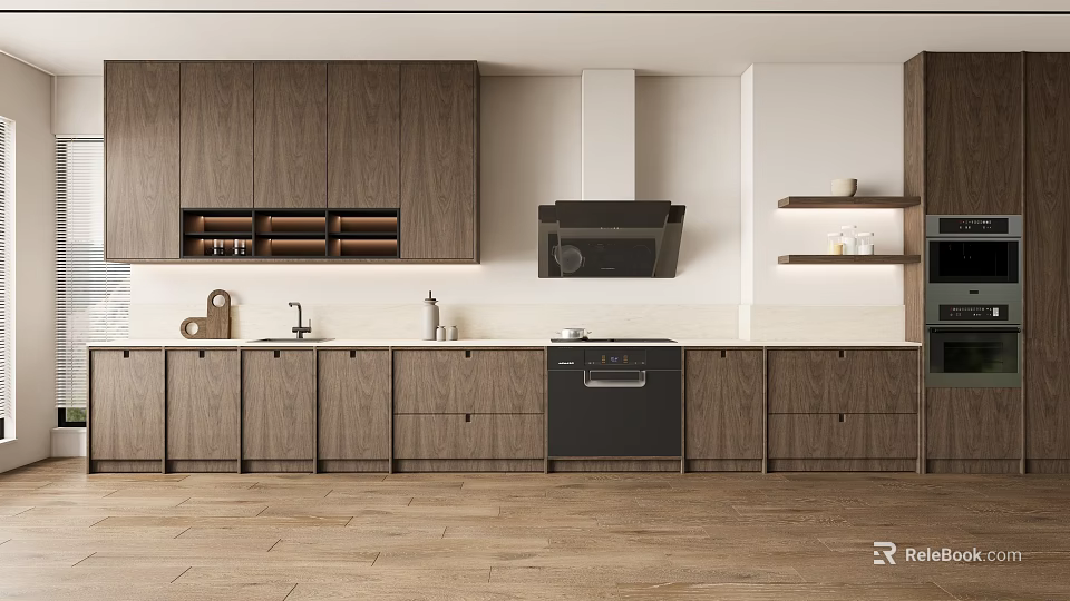 Modern Kitchen Interior With Wooden Cabinets And Built In Appliances 3d model 