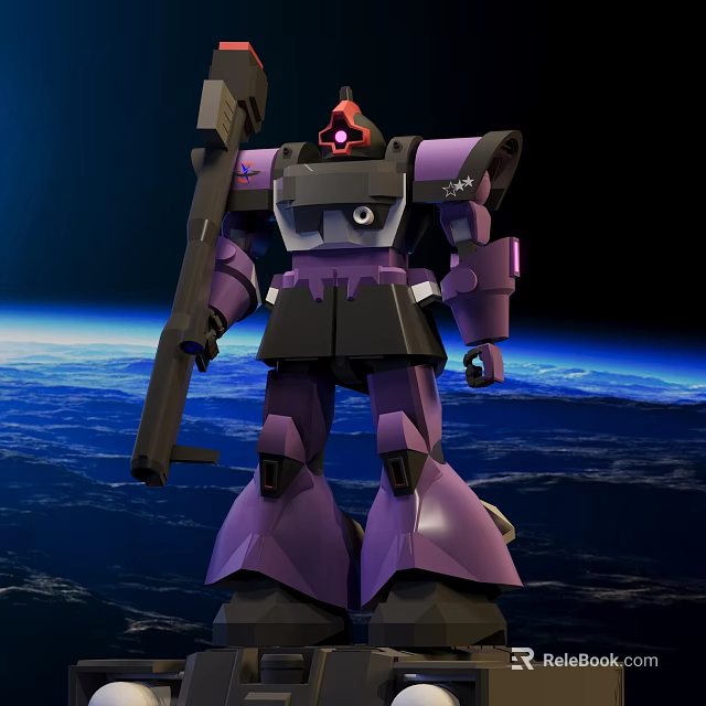 Purple Robot Character Holding Large Weapon Against Earth And Space Background 3d model 
