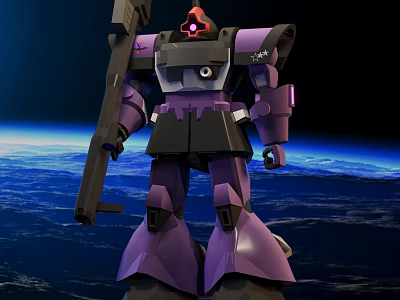 Purple Robot Character Holding Large Weapon Against Earth And Space Background 3d model