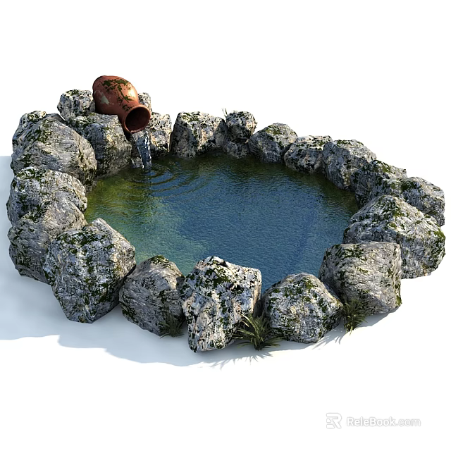 Garden Featuring Circular Stone Pond with Clay Pot Pouring Rippling Water and Mossy Stones 3d model 