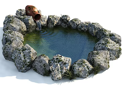 Garden Featuring Circular Stone Pond with Clay Pot Pouring Rippling Water and Mossy Stones 3d model