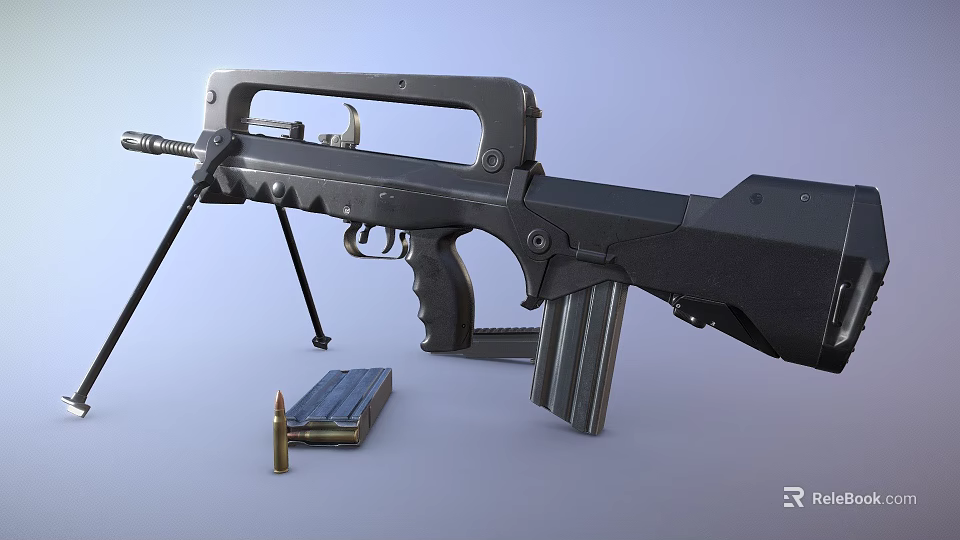 Black Modern Tactical Assault Rifle With Tripod Magazine And Ammunition 3d model 
