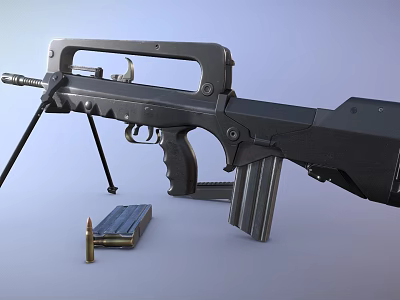 Black Modern Tactical Assault Rifle With Tripod Magazine And Ammunition 3d model
