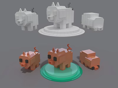 Cartoon Pig 3D Models in White and Brown Colors with Base Stand and Various Poses 3d model