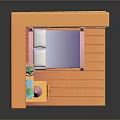 Colorful 3D Cartoon Bedroom Scene With Pink Bed Nightstand Lamp Window Shelf Potted Plant