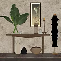 Decorative Ornaments Set With Wooden Console Table Green Plant Vase Ceramic Jar And Wall Art