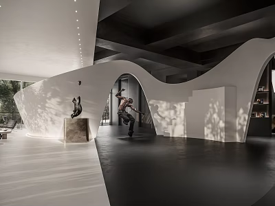 Modern Architectural Interior With Curved White Walls And Human Figure In Motion 3d model