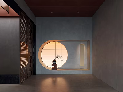 Minimalist Entryway Hallway Design With Round Window Wooden Slats And Ambient Lighting 3d model