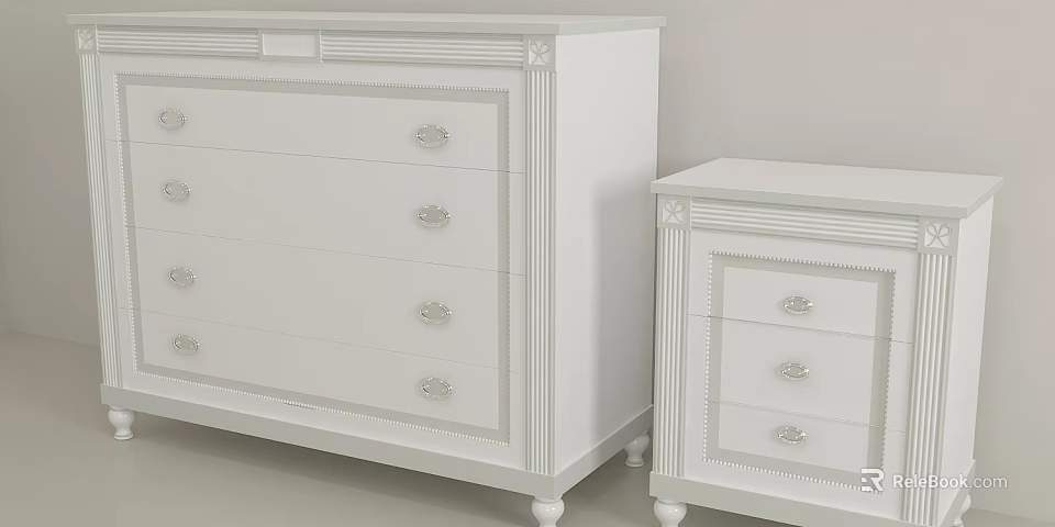 White Console Cabinet and Side Cabinet with Drawers Decorative Trim and Cabinet Legs 3d model 