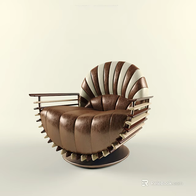 Stylish Brown And White Leather Single Sofa With Curved Design Metal Armrests And Round Base 3d model 