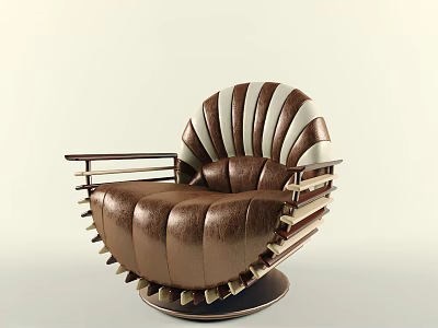 Stylish Brown And White Leather Single Sofa With Curved Design Metal Armrests And Round Base 3d model