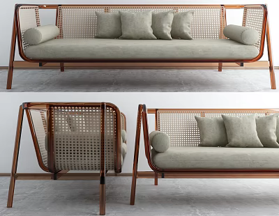 Stylish Multi Seater Sofa With Wooden Frame Woven Backrest Beige Cushions And Multiple Pillows 3d model