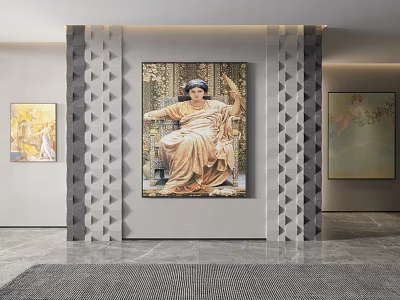 Classical Figure Painting of Robed Female Seated on Chair with Gray Wall and Geometric Pillars 3d model
