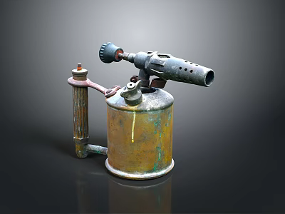 Vintage Weapon with Rusted Brass Colored Metal Canister Nozzle Valve and Connected Metal Tube 3d model