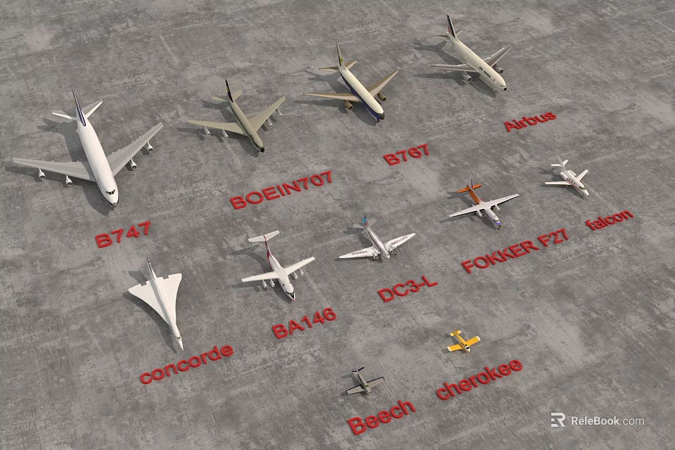 Various Passenger Plane Models Including Boeing 747 and Concorde Displayed on Ground 3d model 