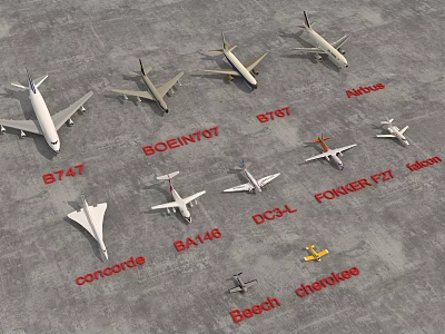 Various Passenger Plane Models Including Boeing 747 and Concorde Displayed on Ground 3d model