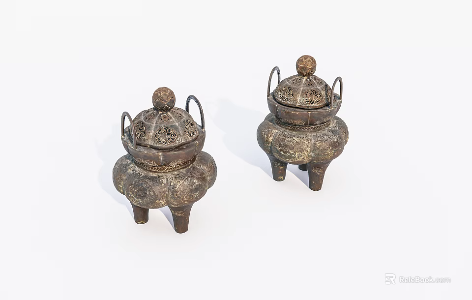 Vintage Metal Incense Burner Ornament Set with Carved Patterns Three Legs and Lids Two Piece 3d model 
