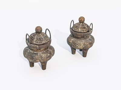 Vintage Metal Incense Burner Ornament Set with Carved Patterns Three Legs and Lids Two Piece 3d model