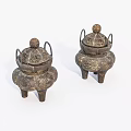 Vintage Metal Incense Burner Ornament Set with Carved Patterns Three Legs and Lids Two Piece