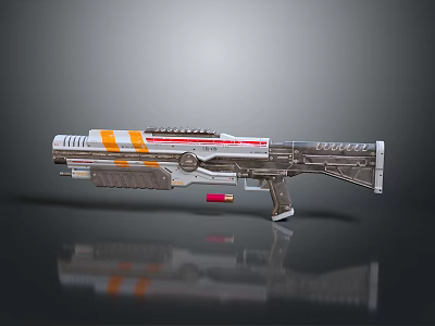 Futuristic Sci Fi Gun with Orange White Stripes Metallic Design and Reflection on Dark Background 3d model