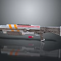 Futuristic Sci Fi Gun with Orange White Stripes Metallic Design and Reflection on Dark Background