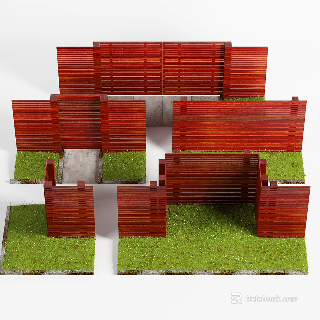 Various Styles Red Wooden Fence Design With Green Grass And Gray Stone Path 3d model 