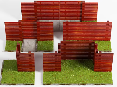 Various Styles Red Wooden Fence Design With Green Grass And Gray Stone Path 3d model
