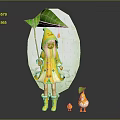 Girl Wearing Yellow Raincoat Holding Green Leaf Umbrella With Little Ducks And Small Leaf Decor